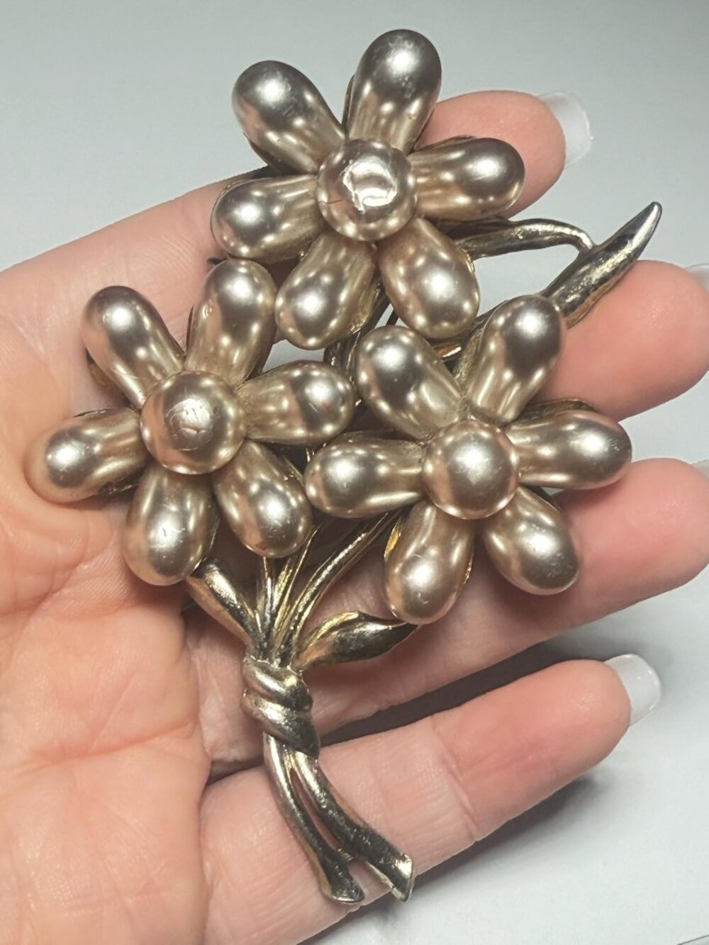 Floral Bouquet Brooch Vintage Silver Tone Dimensional Flower Craft Pin 4 inch
